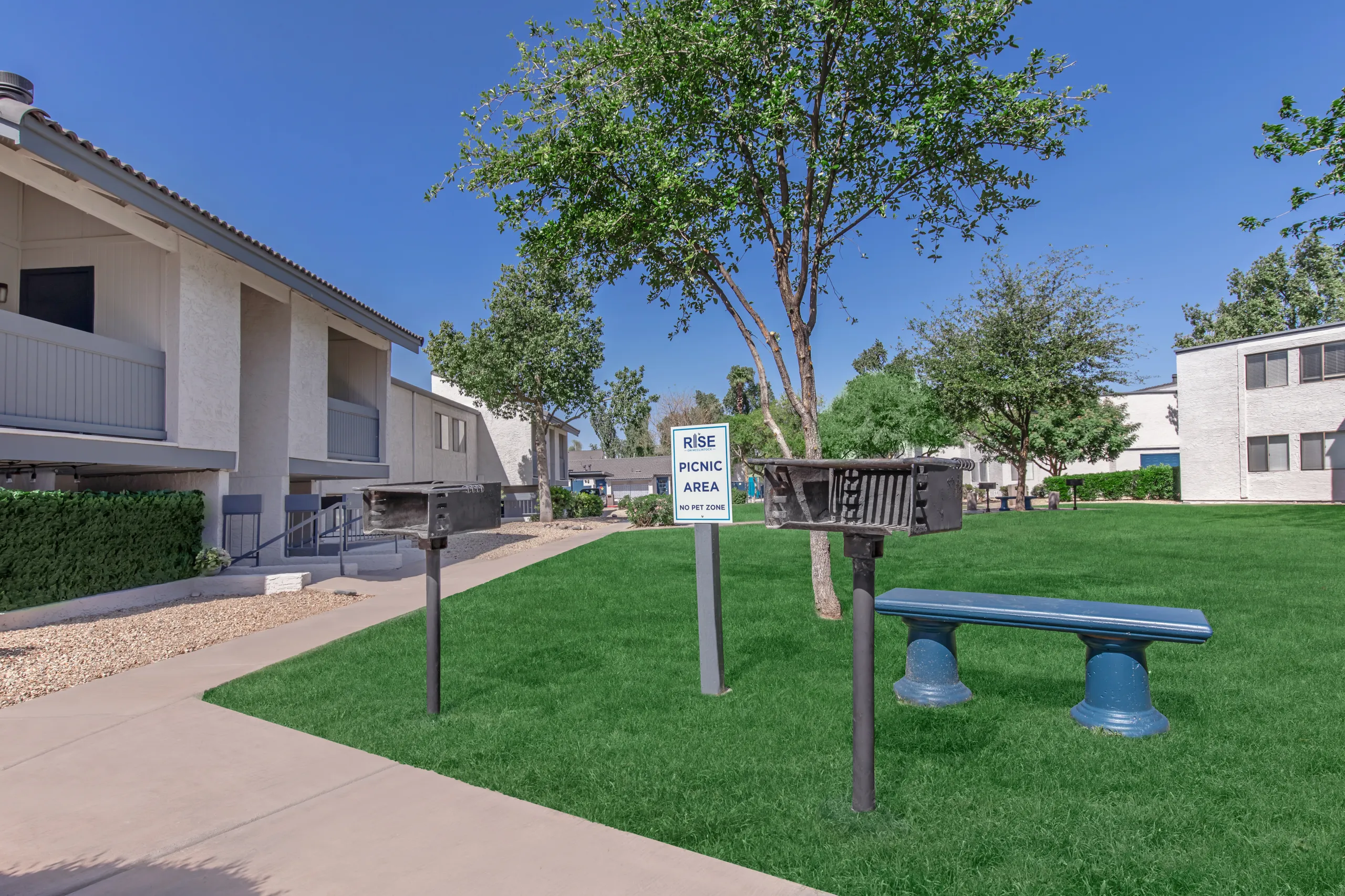 Community picnic area, grill stations, bench seating, shaded lawn