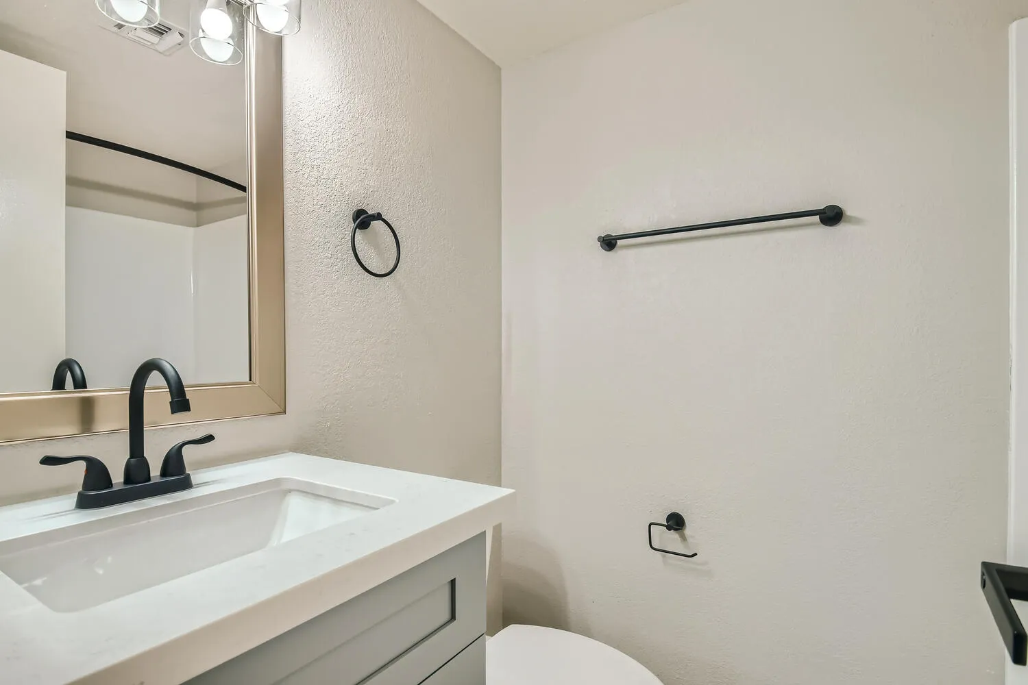 Bathroom, matte black towel bar and ring, quartz countertop