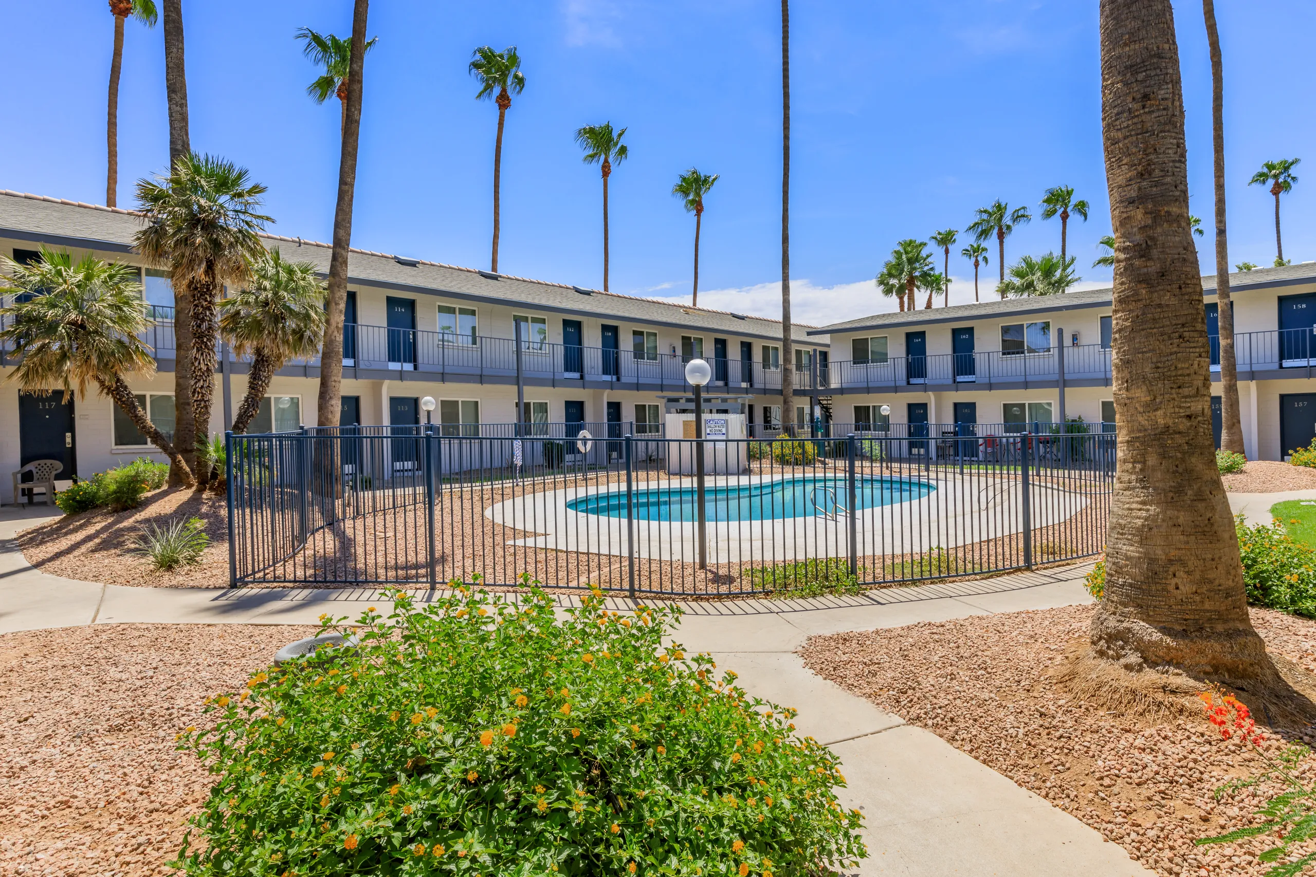 Fenced pool area, palm trees, walking path, poolside seating