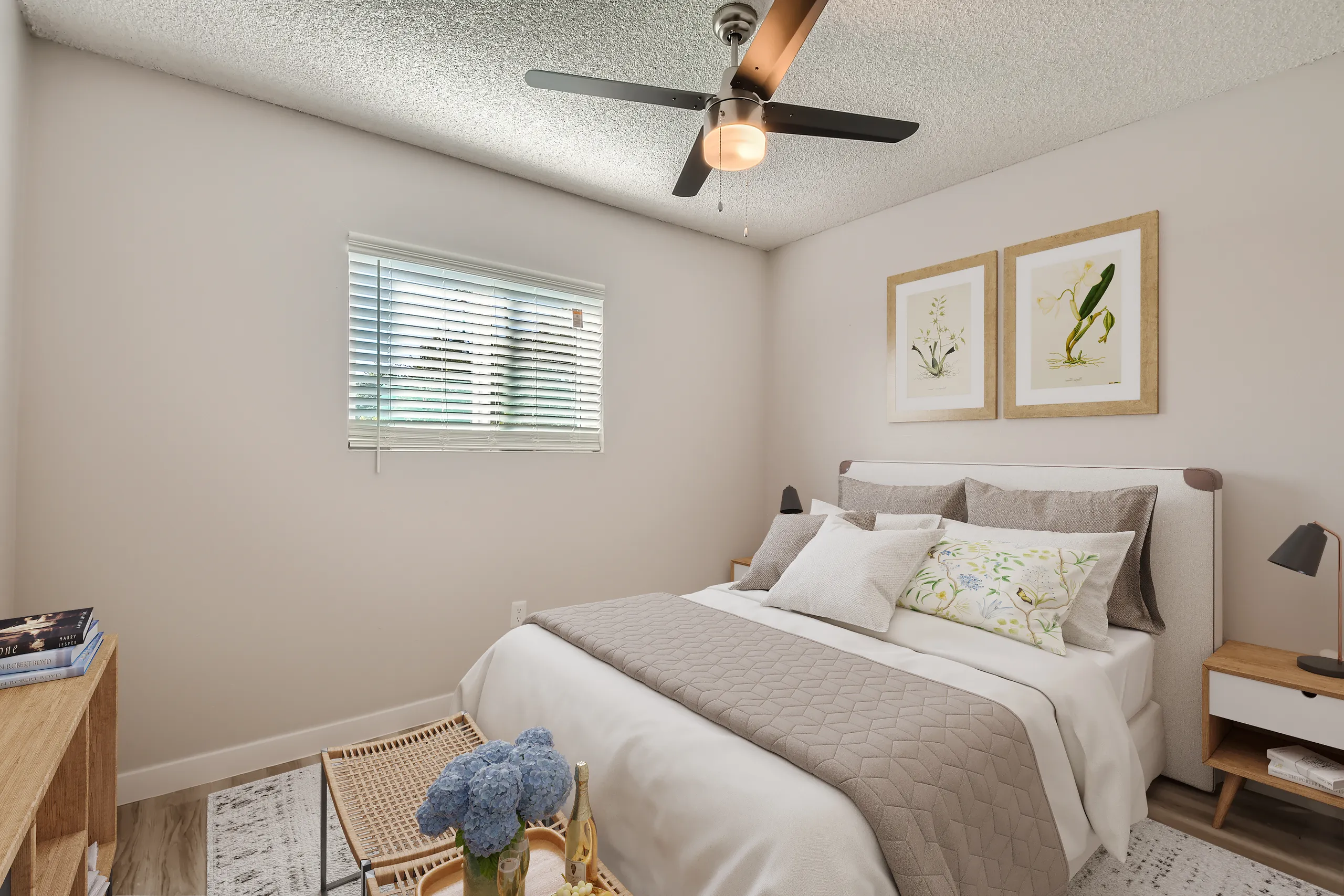 Bedroom area, window, wood-style plank flooring