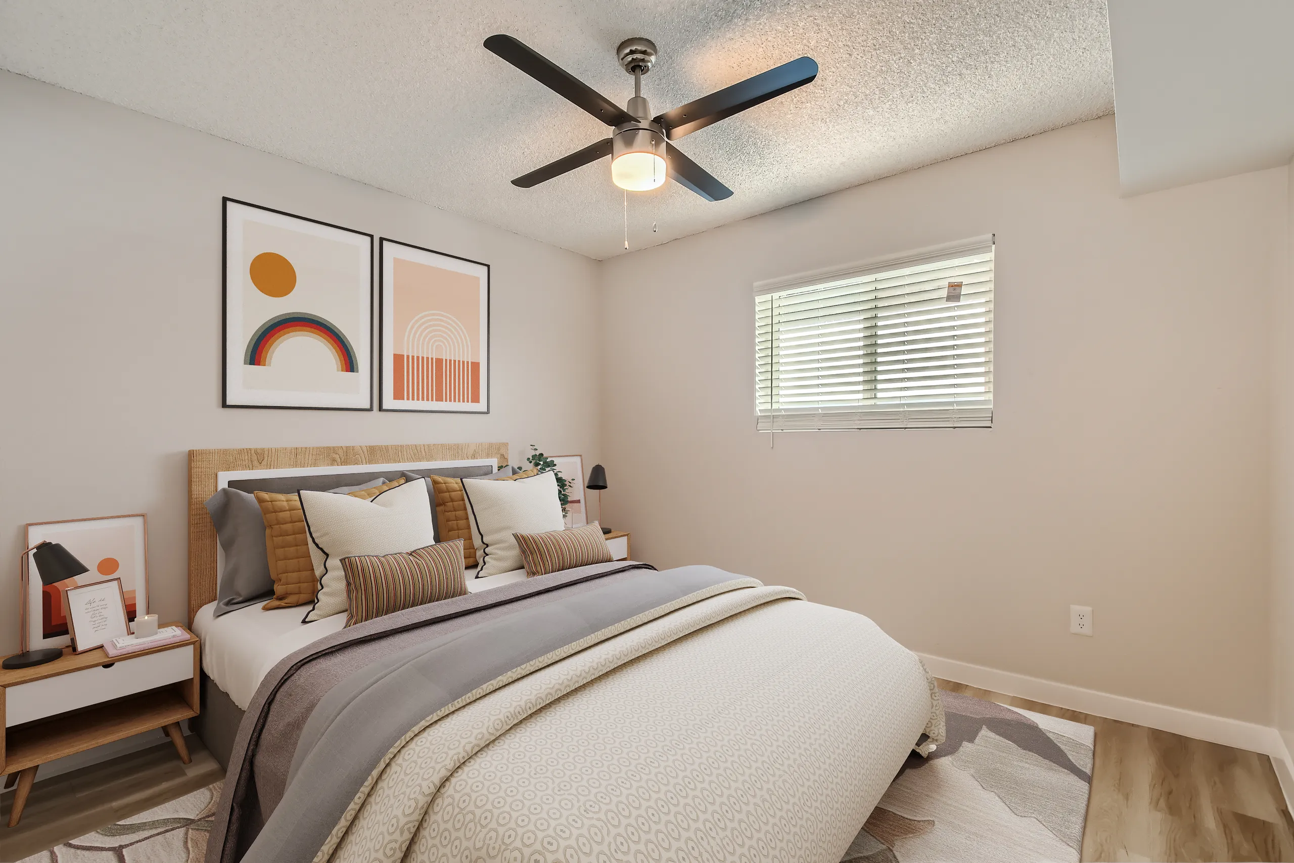 Second bedroom, ceiling fan, window, wood-style plank flooring
