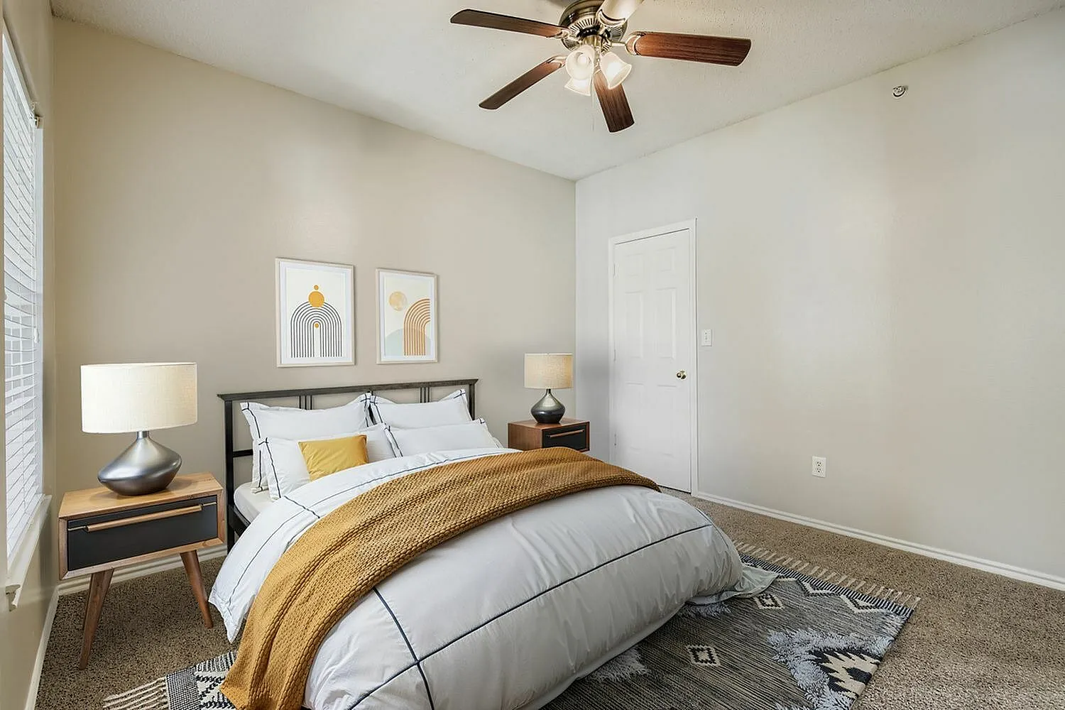 Bedroom, carpet flooring, window with natural light