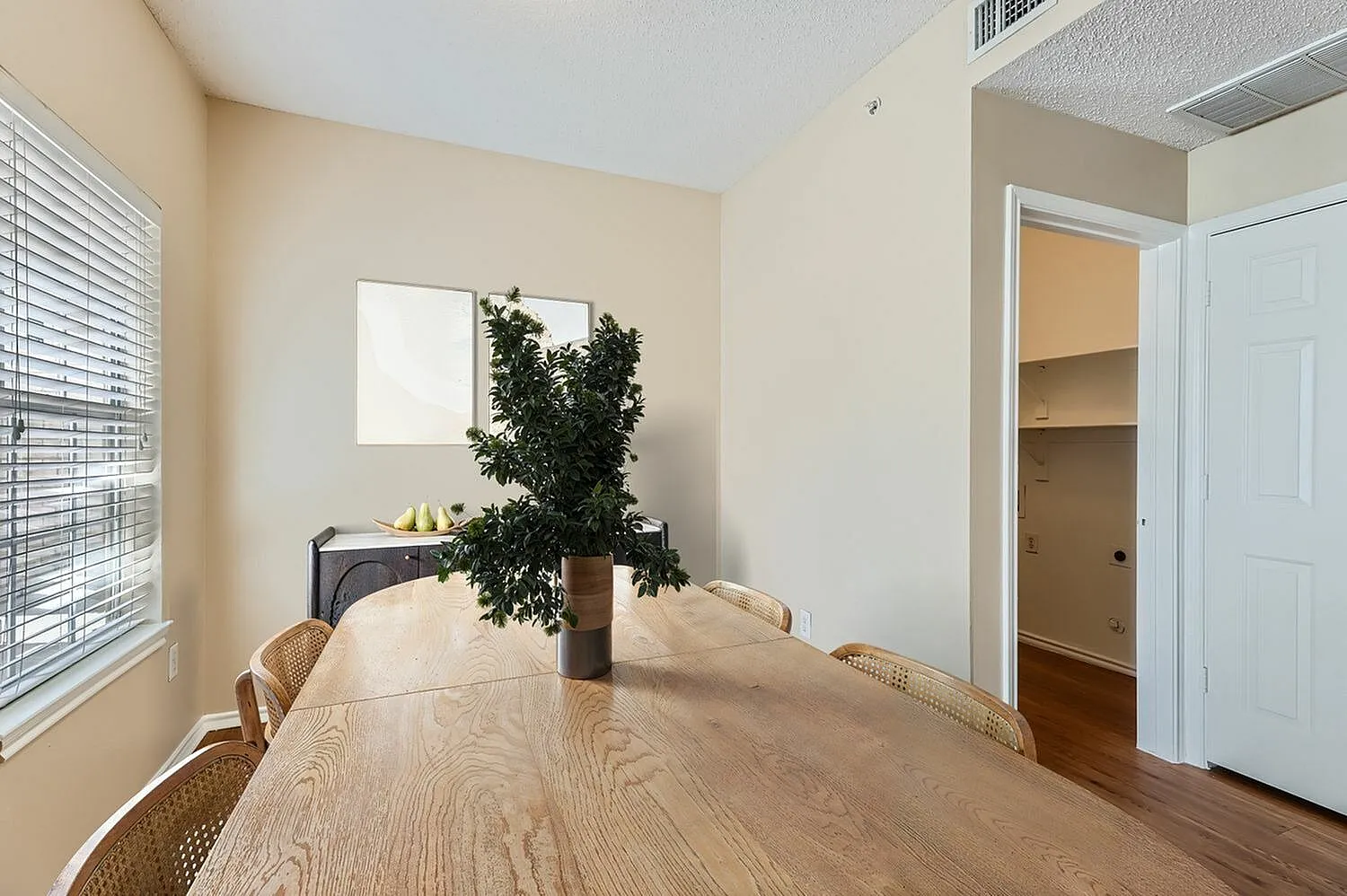 Dining area, wood-style plank flooring, closet doorway