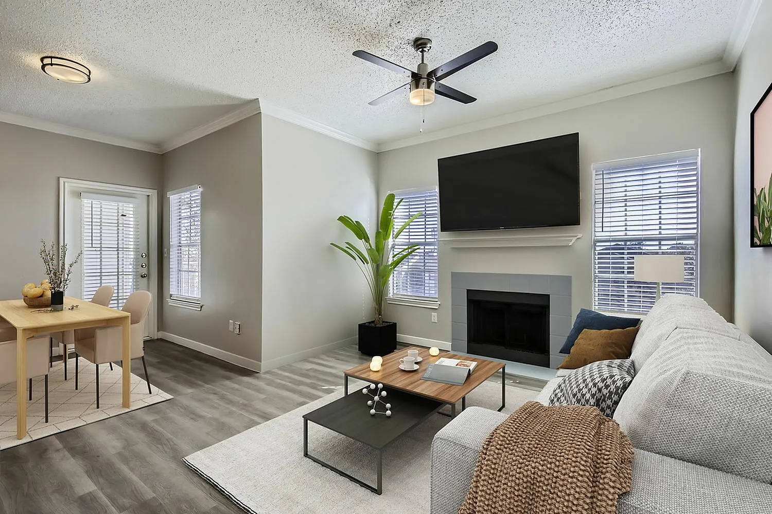 B1 Platinum living room, fireplace, ceiling fan, wood-style plank flooring