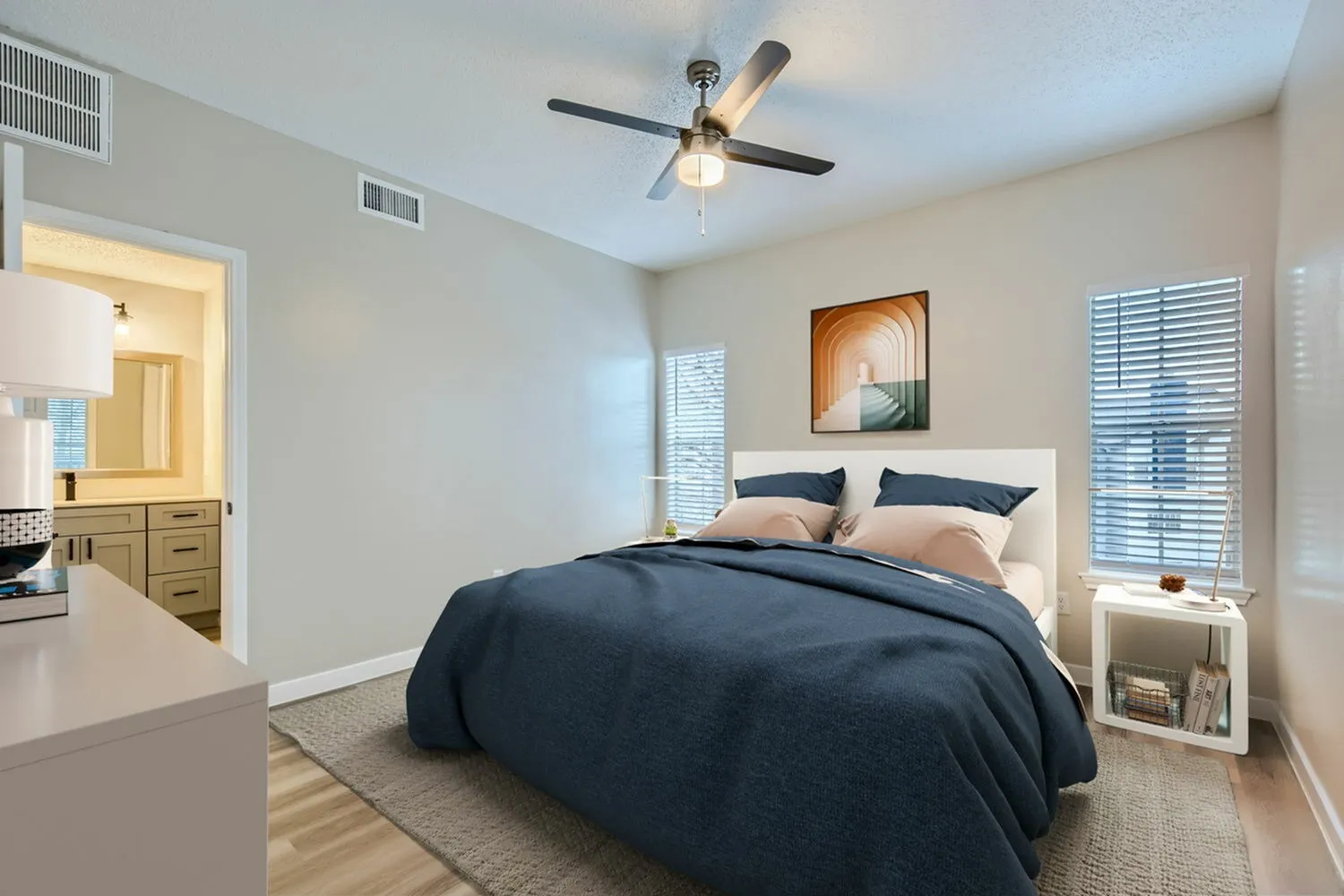 Bedroom, window with blinds, wood-style plank flooring