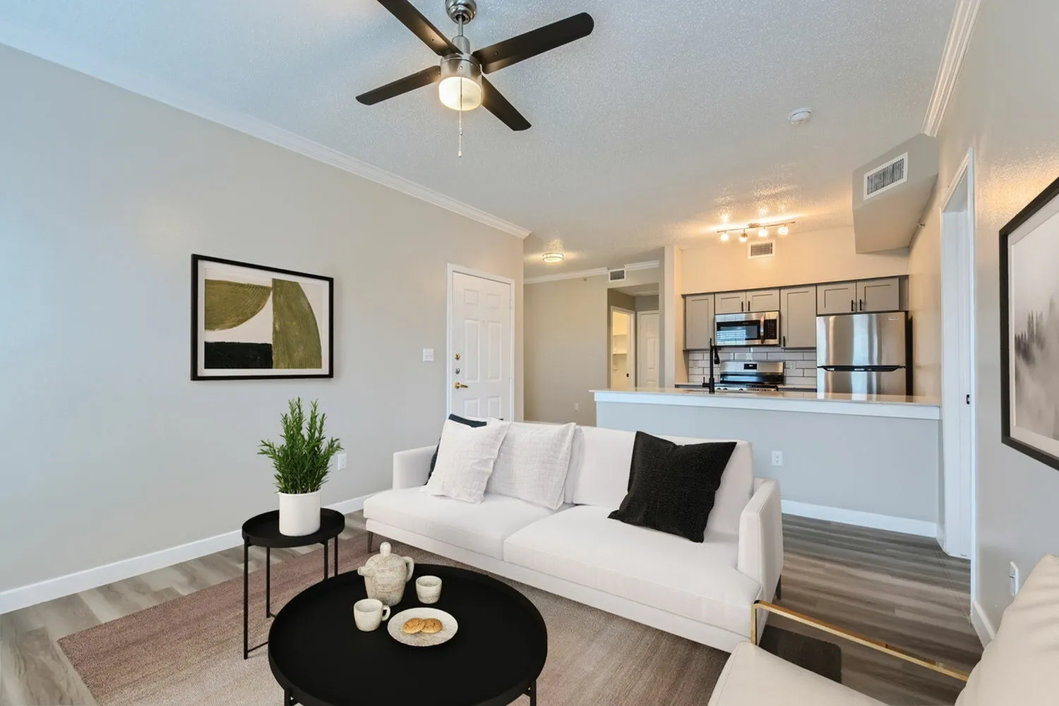 Living room, ceiling fan, window with blinds