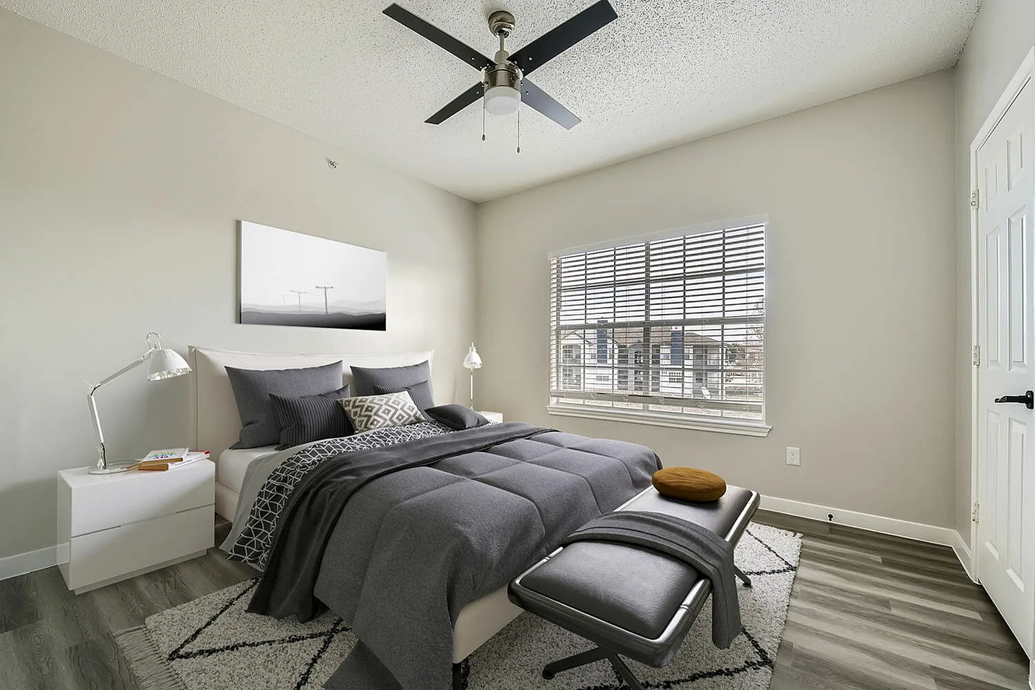 Bedroom, window with blinds, wood-style plank flooring