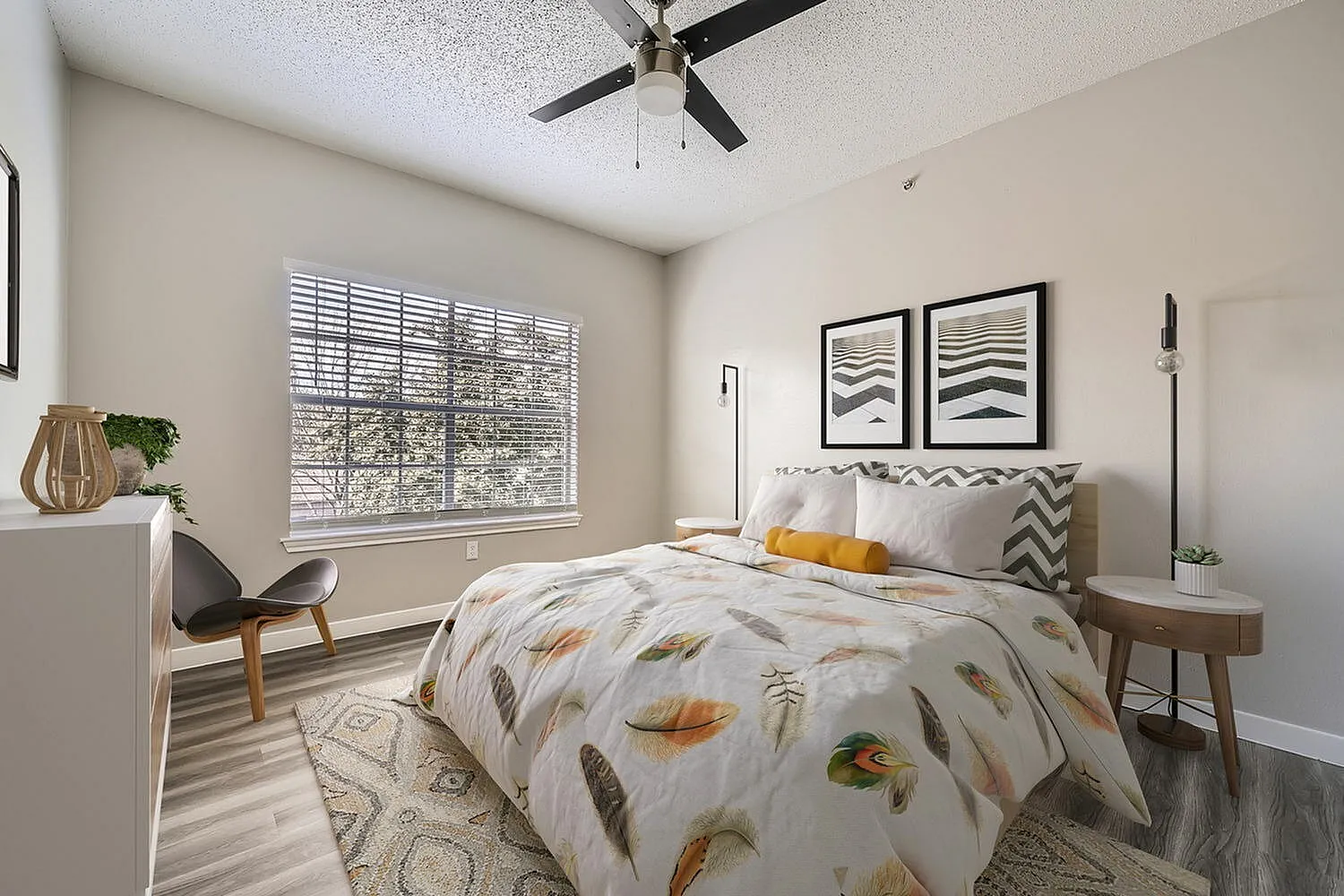 Bedroom, window with blinds, wood-style plank flooring