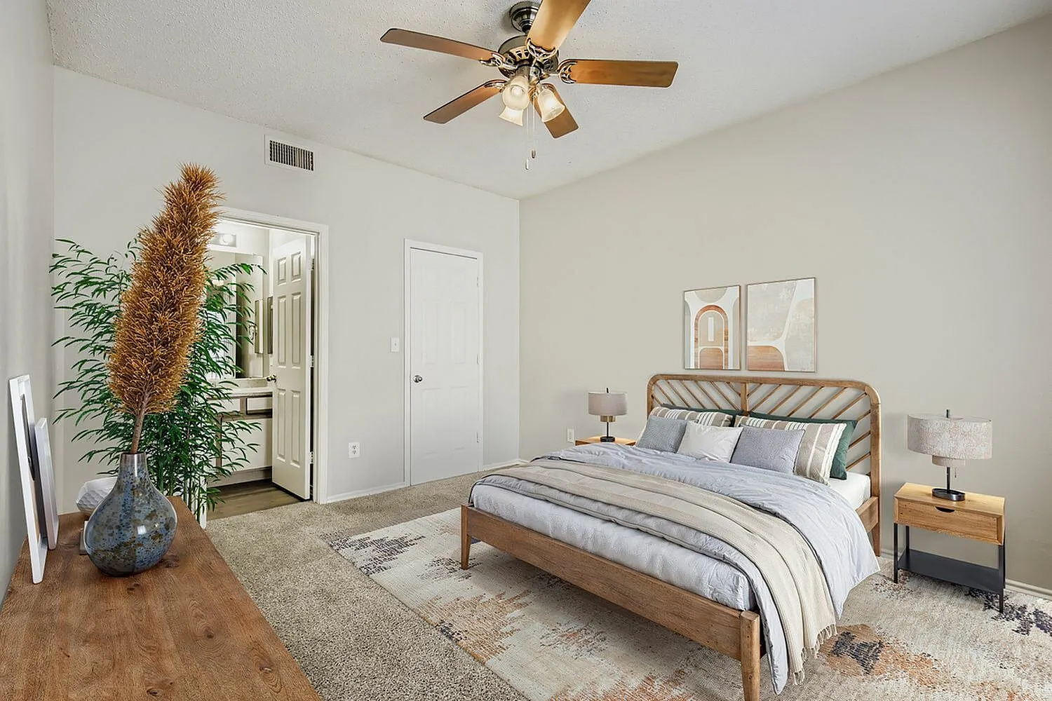 Bedroom, ceiling fan, closet doors, hallway view