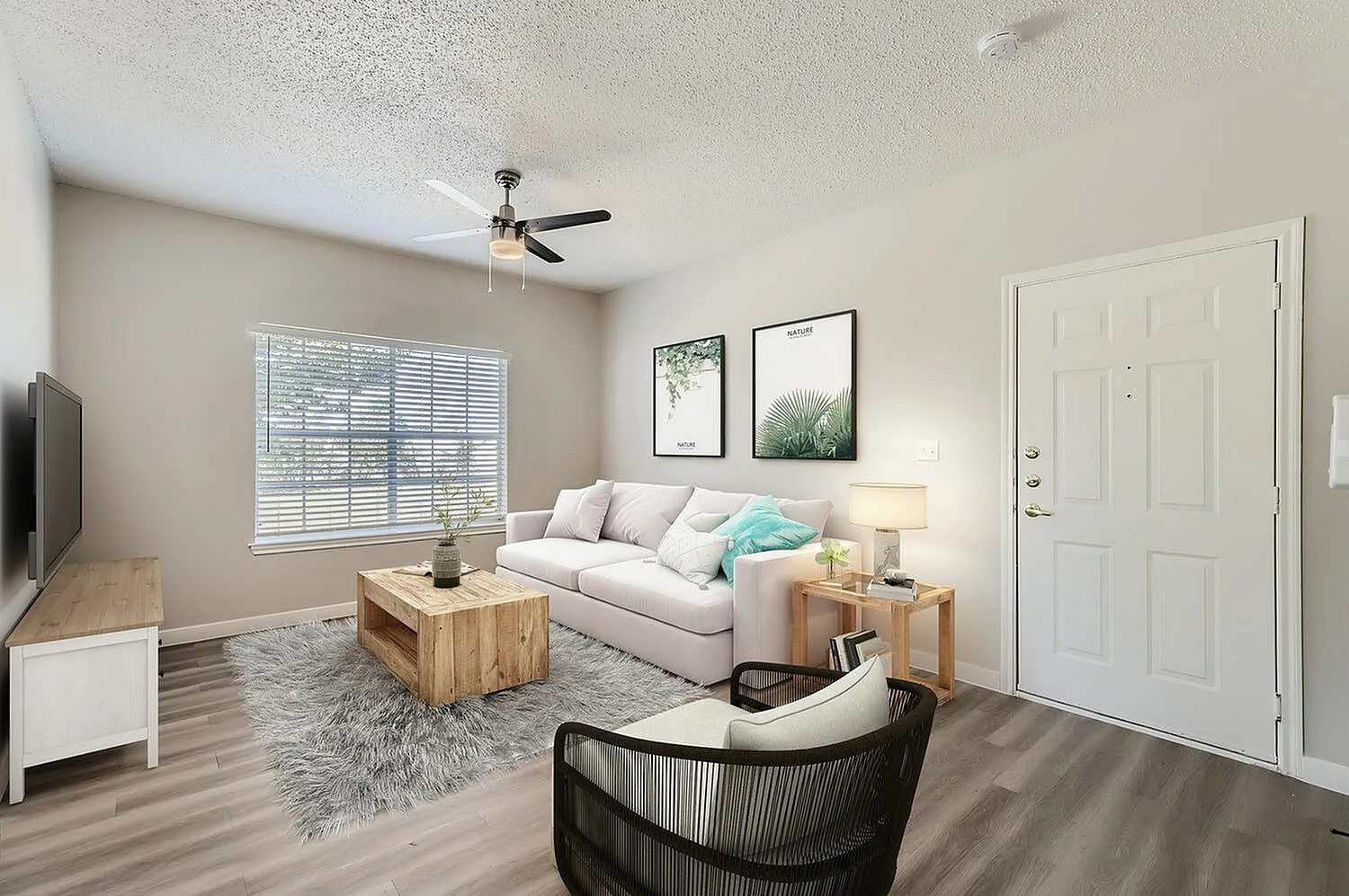 Living room, ceiling fan, window with blinds