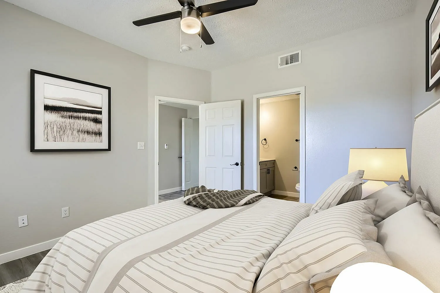 Bedroom, doorway to bathroom