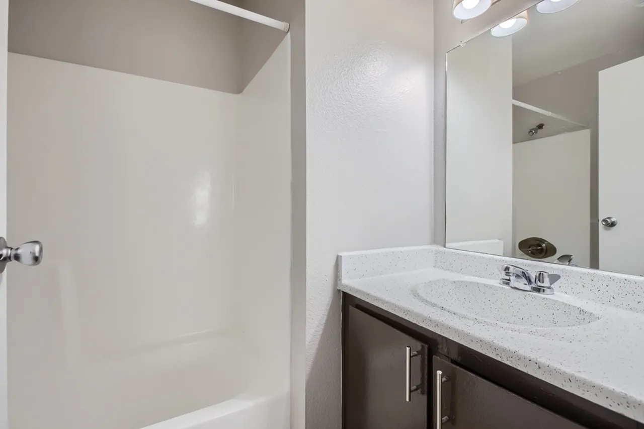 Bathroom, quartz countertop, dark vanity cabinet, large mirror, recessed lighting