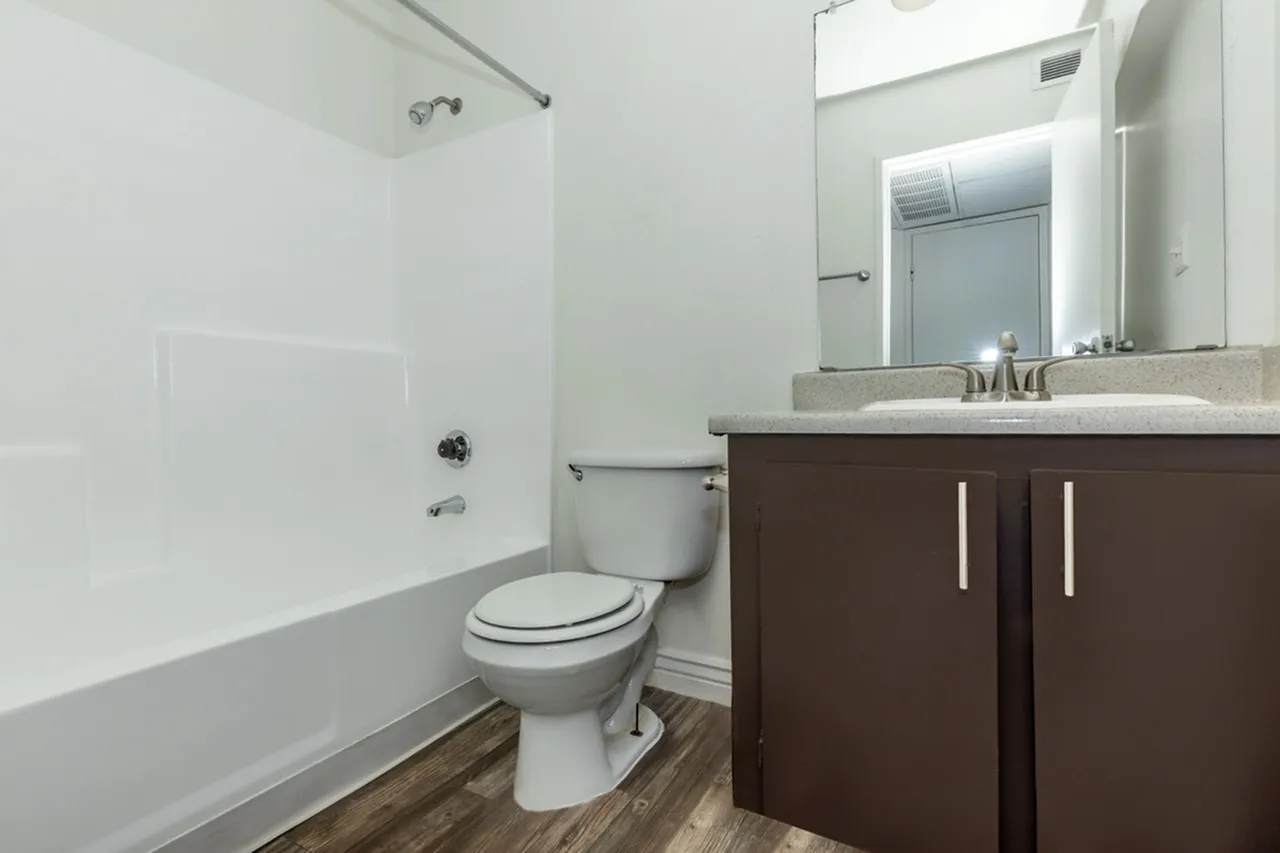 Bathroom, dark wood vanity, undermount sink, framed mirror, wood-style plank flooring