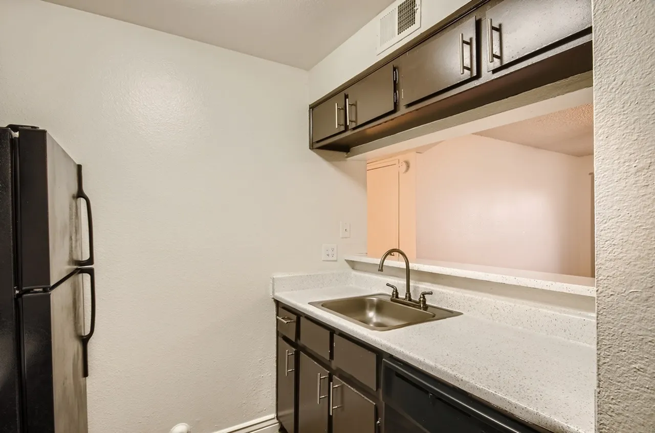 Kitchen, dark cabinetry, white quartz countertops, stainless sink, open shelving