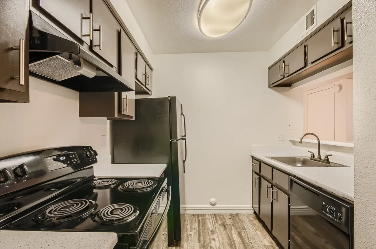 Kitchen, black coil-top range, dark cabinetry, wood-style plank flooring, stainless sink