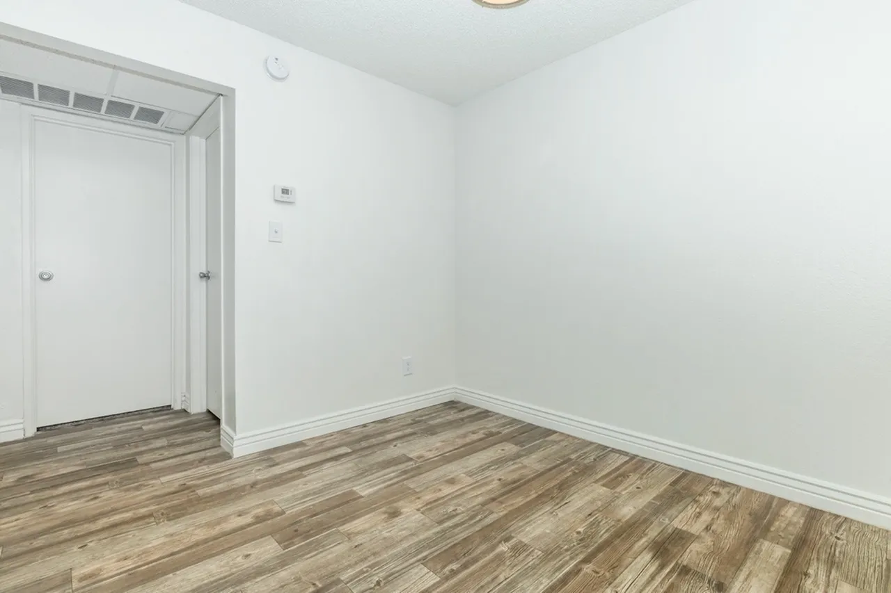 Bedroom, wood-style plank flooring, white walls, closet doors, ceiling fixture
