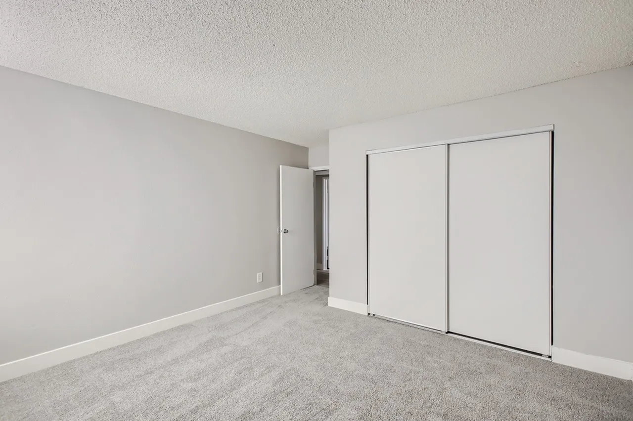 Primary bedroom, gray carpet flooring, sliding door closets, white walls