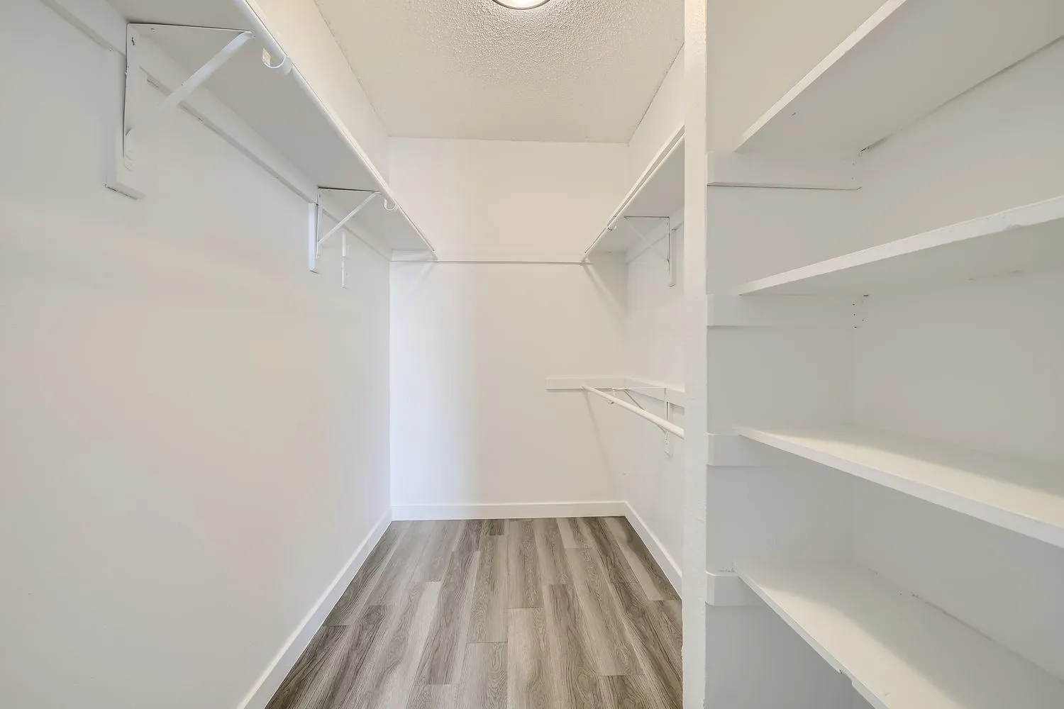 Walk-in closet with wood-style plank flooring, built-in wire shelving and hanging rods