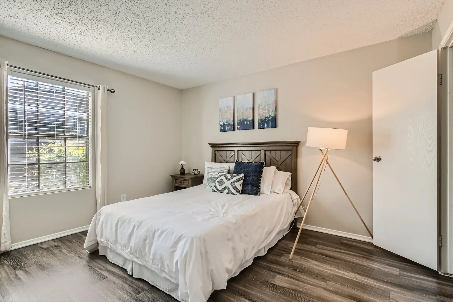 Primary bedroom, wood-style plank flooring, large window