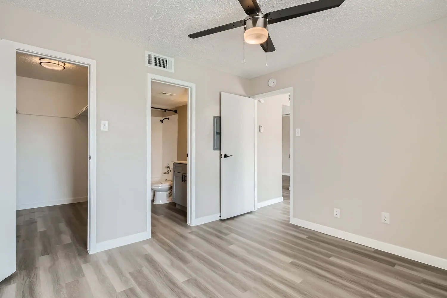 Primary bedroom, walk-in closet and en-suite bathroom access, ceiling fan