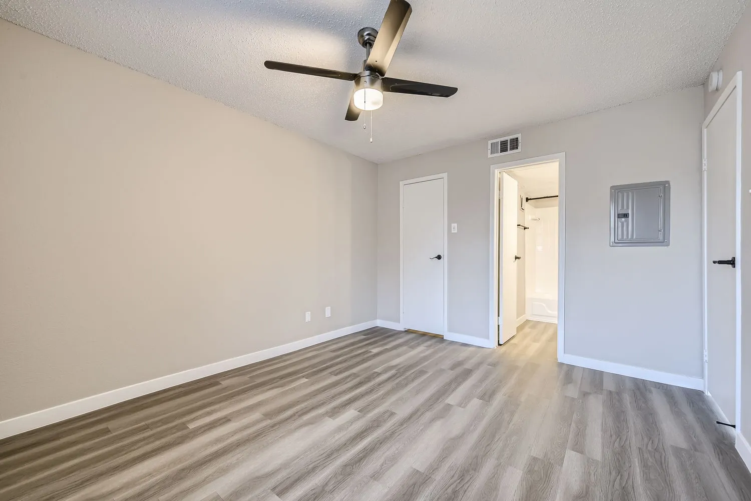Primary bedroom, en-suite bathroom access, ceiling fan