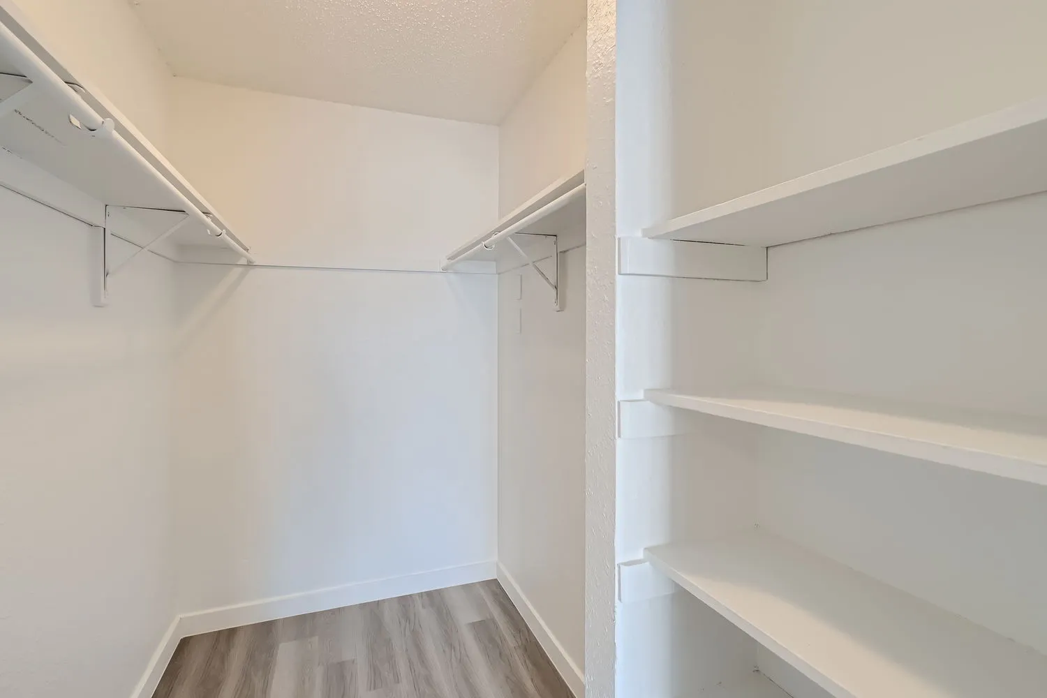 Primary bedroom walk-in closet, built-in shelving
