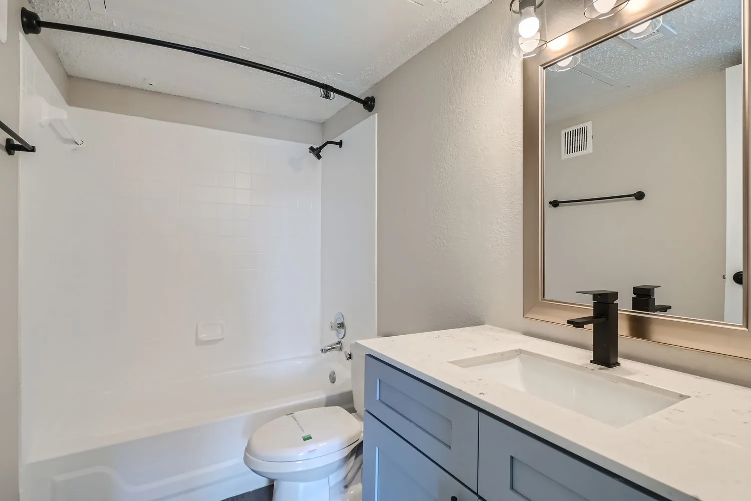Primary bathroom vanity, quartz countertop, matte black fixtures, tub and shower