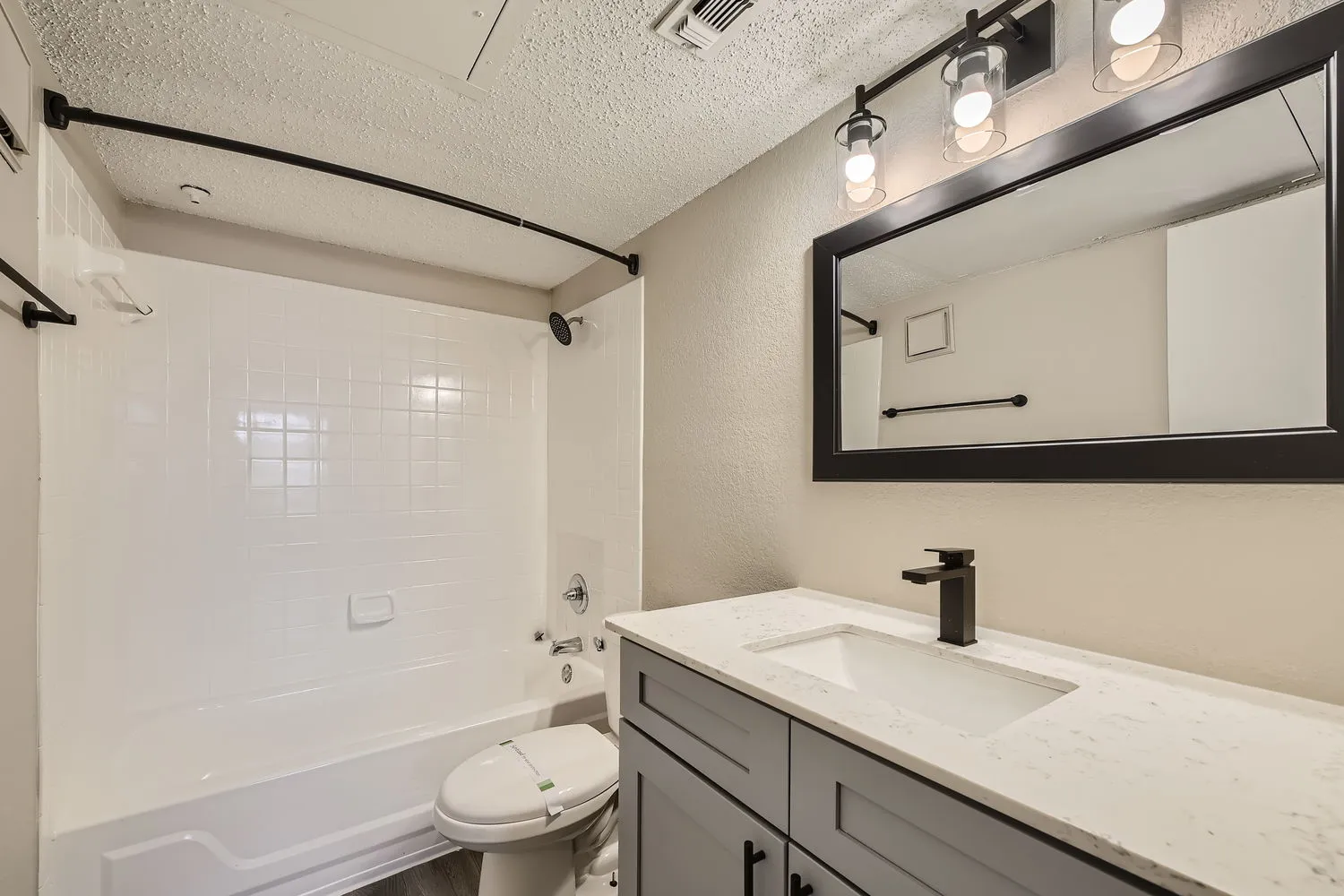 Primary bathroom vanity, quartz countertop, matte black fixtures, tub and shower