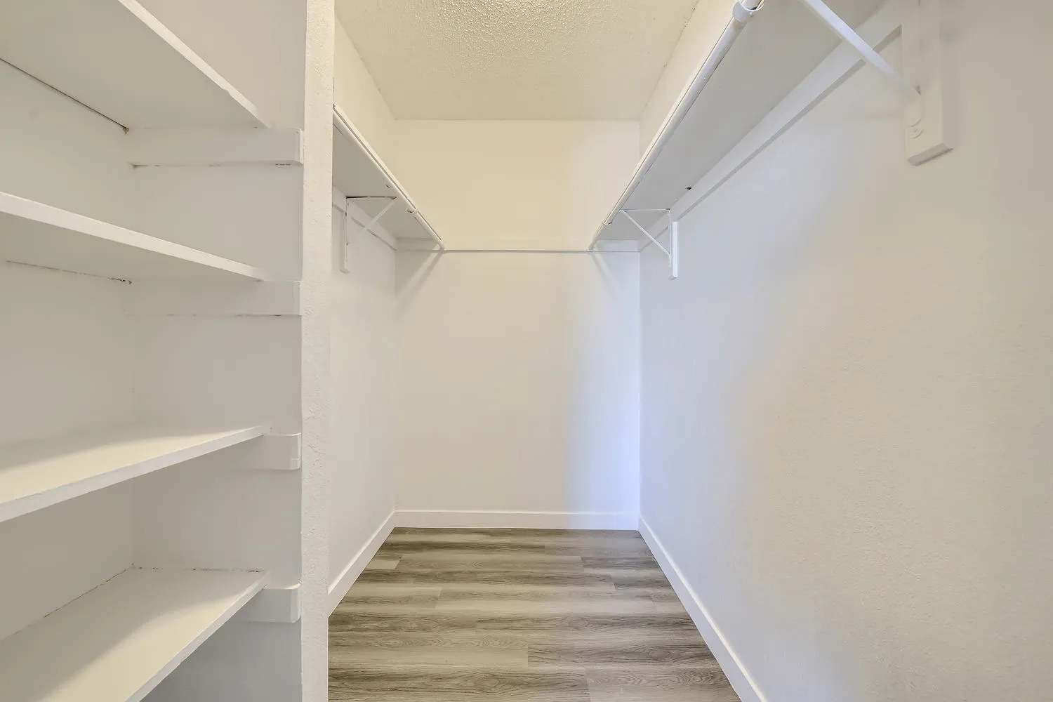 Primary bedroom walk-in closet, built-in shelving, hanging rods