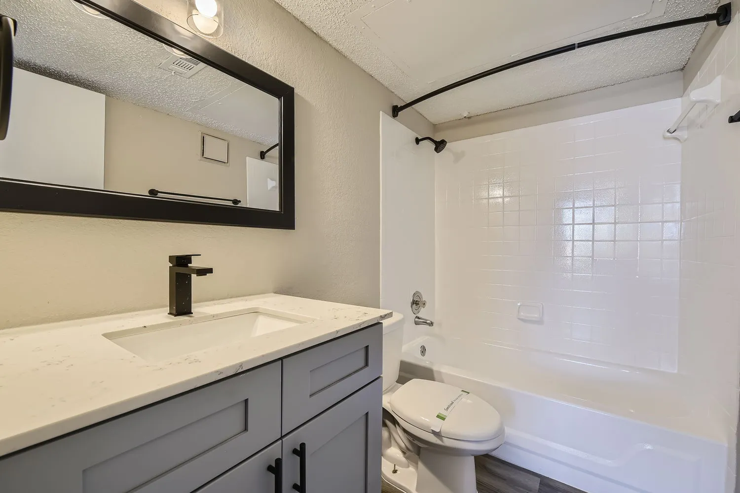 Primary bathroom vanity, quartz countertop, matte black fixtures, tub and shower