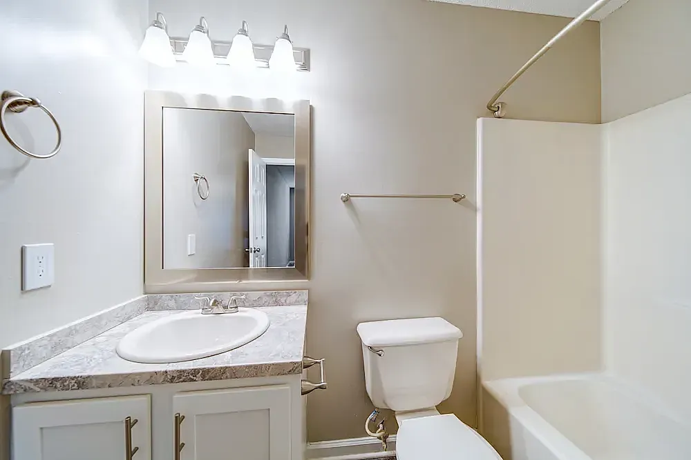 Bathroom, white vanity with marble countertop, framed mirror, toilet, bathtub with shower enclosure