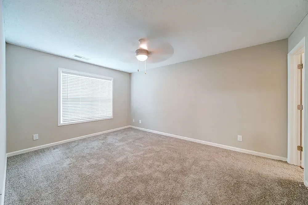 Primary bedroom, gray walls, carpet flooring, window with blinds, ceiling fan