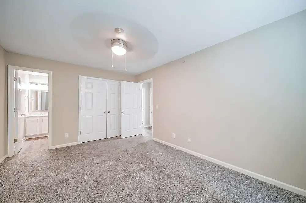 Primary bedroom, gray carpet flooring, white closet doors, ceiling light fixture