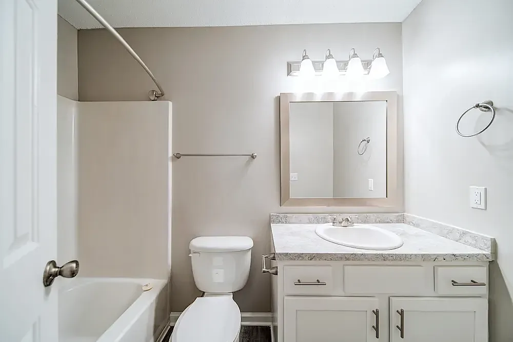 Bathroom, white vanity cabinetry, quartz countertop, framed mirror, vanity lighting, toilet