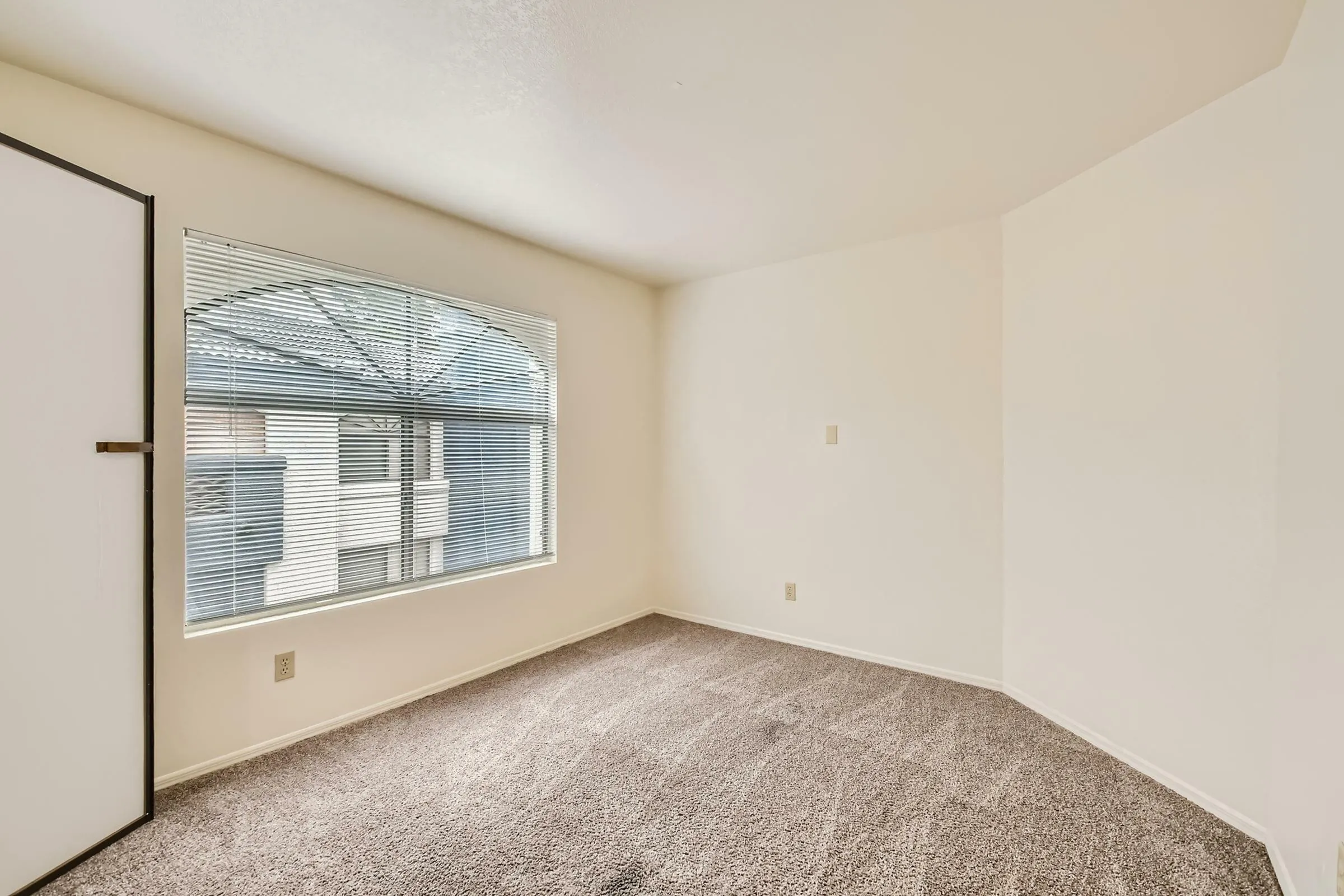 Bedroom, large window with horizontal blinds, carpet flooring