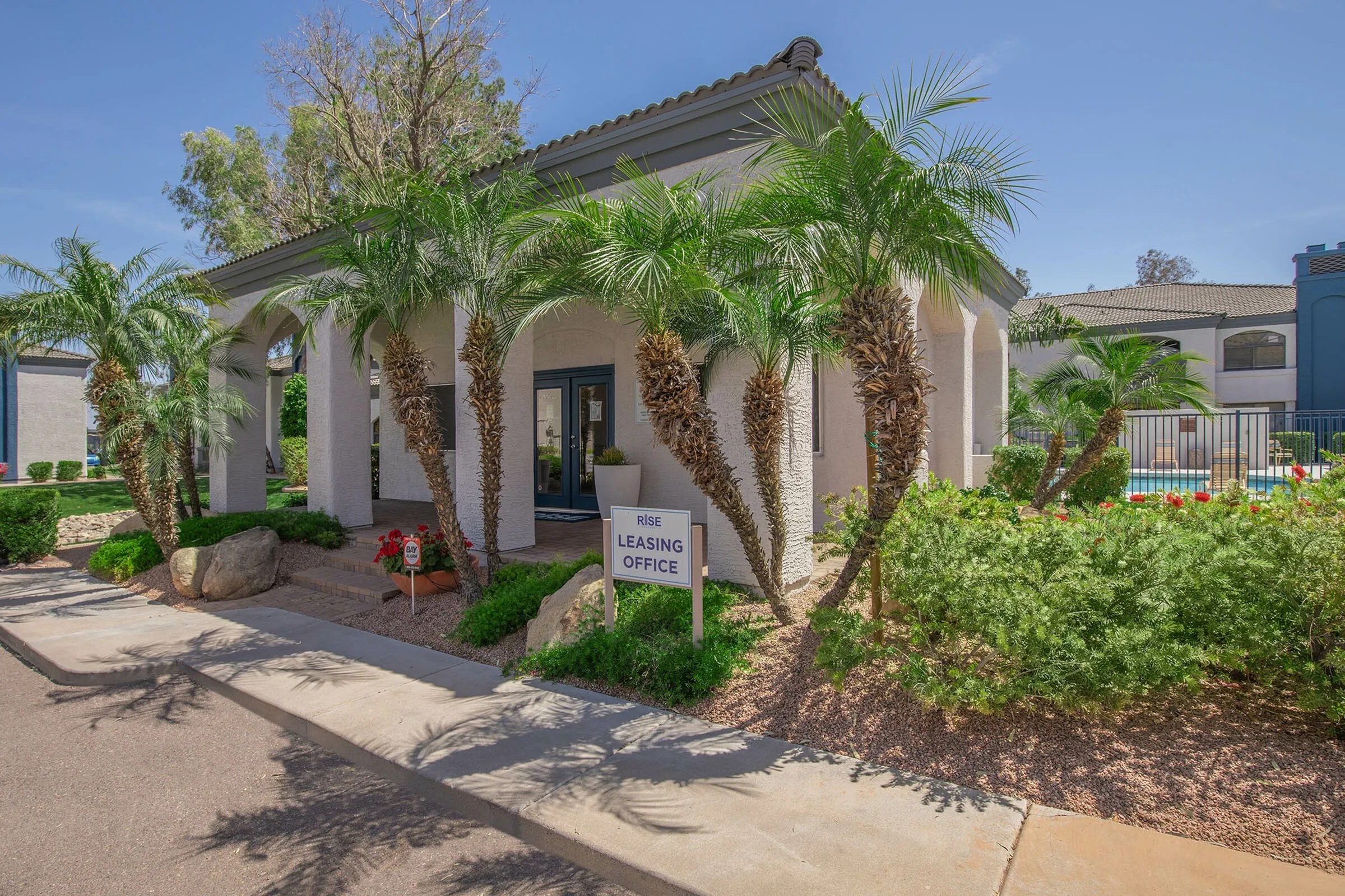 Leasing office entrance, palm trees, landscaped walkway, leasing office sign