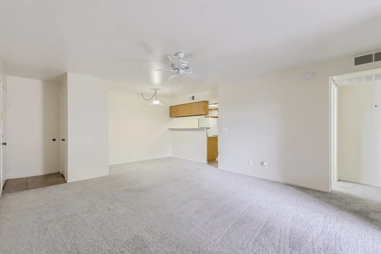 Open living and dining area, ceiling fan, carpet flooring, kitchen beyond