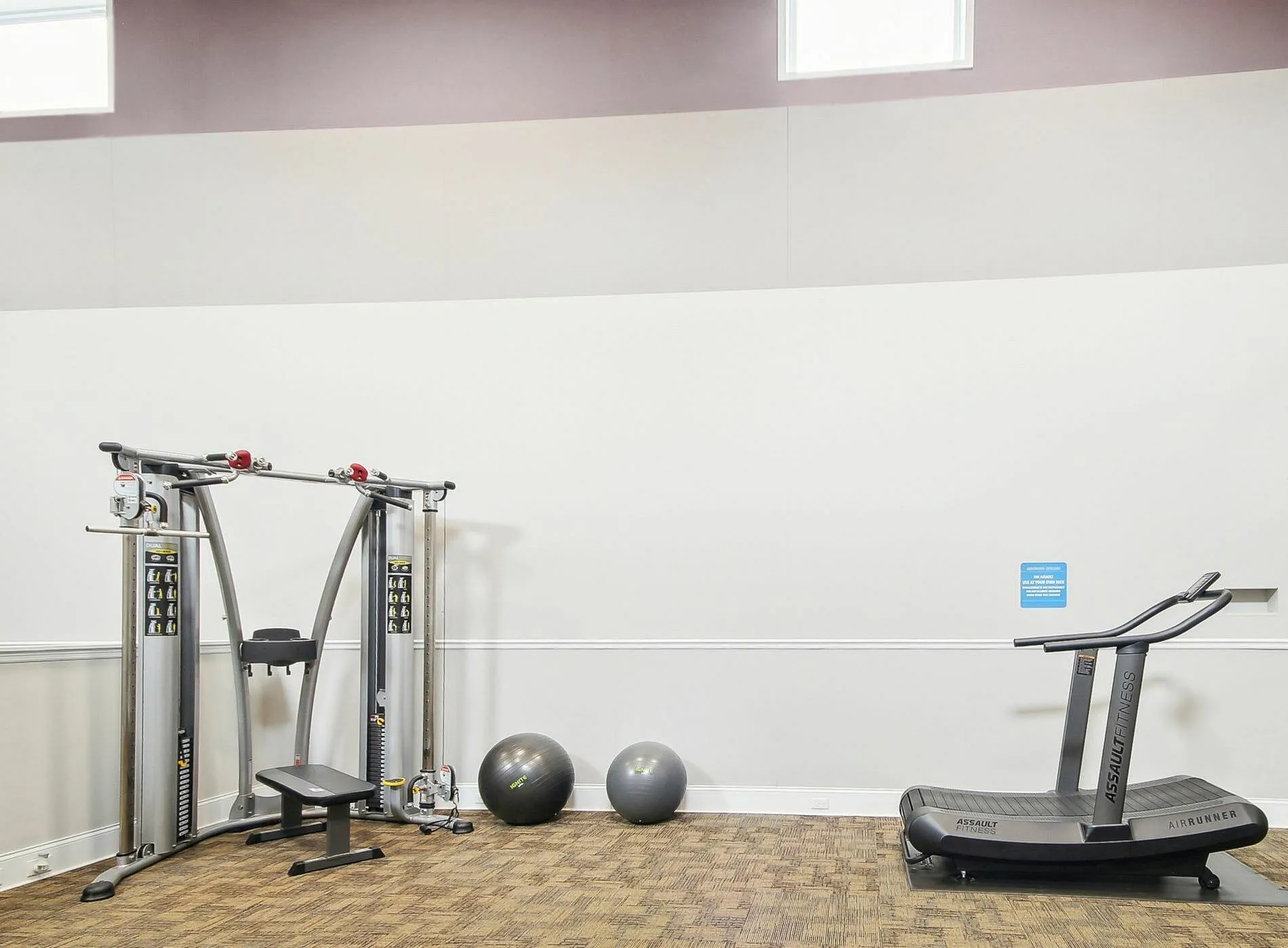 Fitness center, cable machines, exercise balls, curved treadmill, wood-style plank flooring
