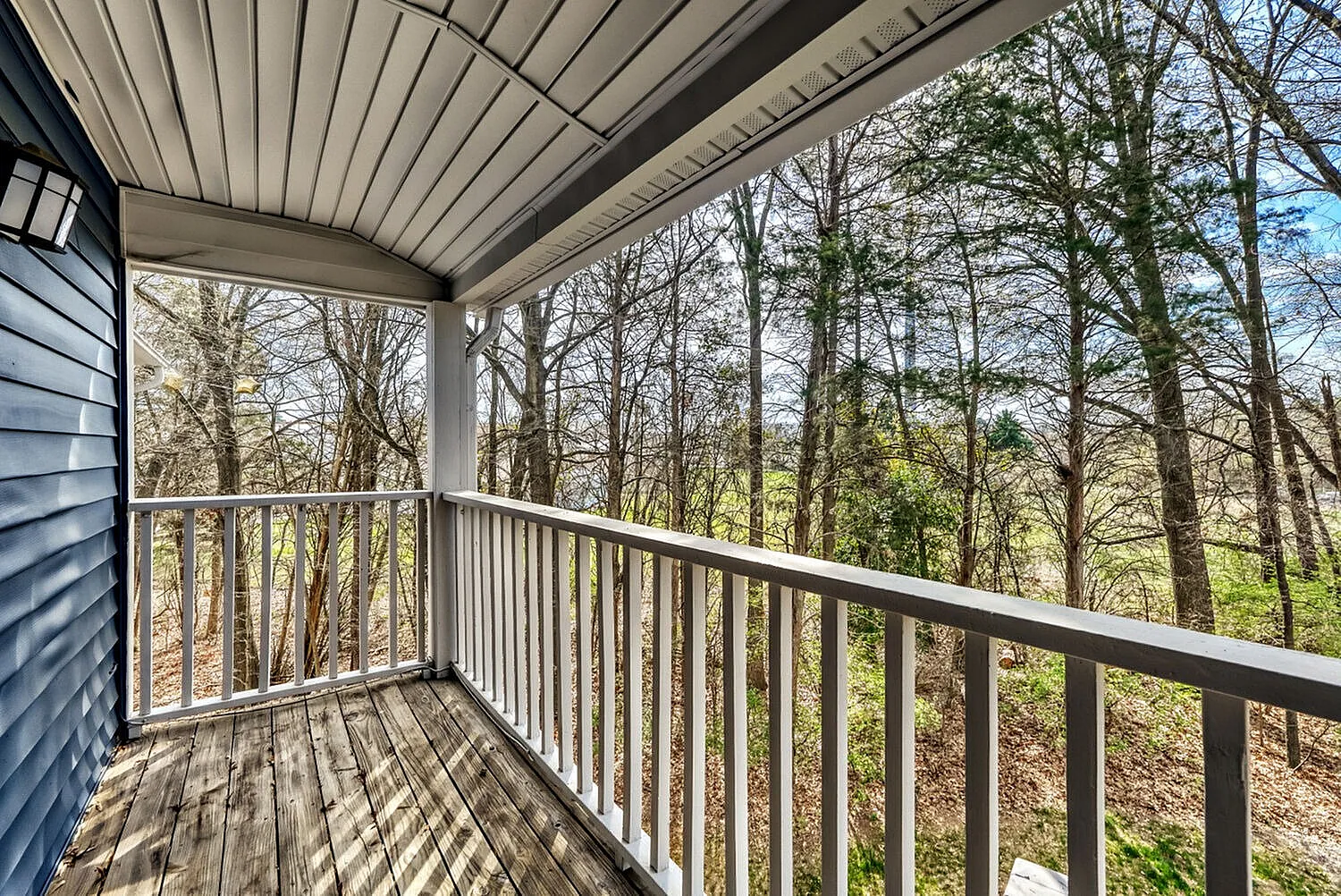Covered deck, white metal railings, wood-style plank flooring, forest trees, exposed beam ceiling