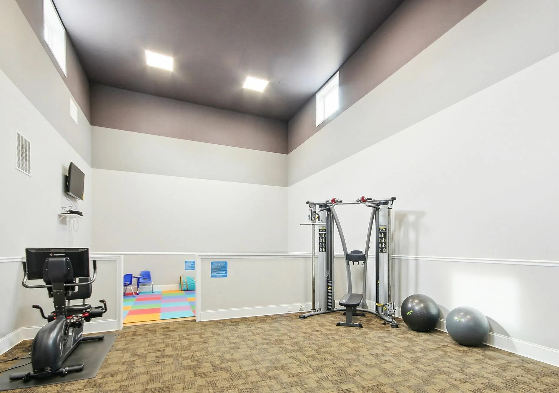Fitness center, stationary bike, cable machine, exercise balls, wood-style plank flooring