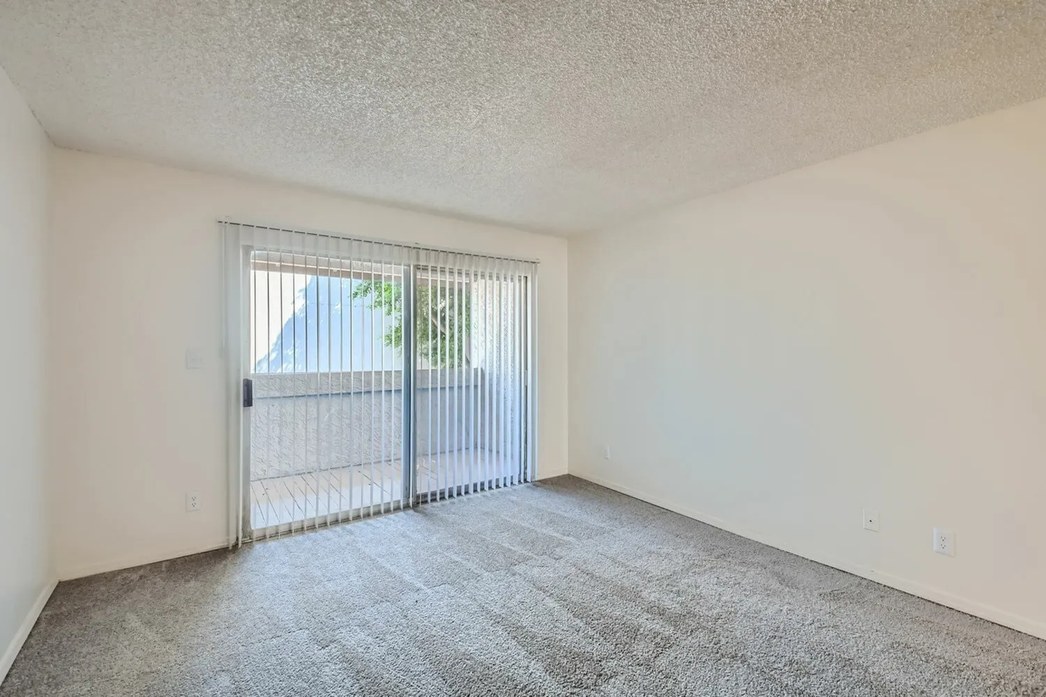 Living room, sliding glass door, vertical blinds, carpet flooring, textured ceiling