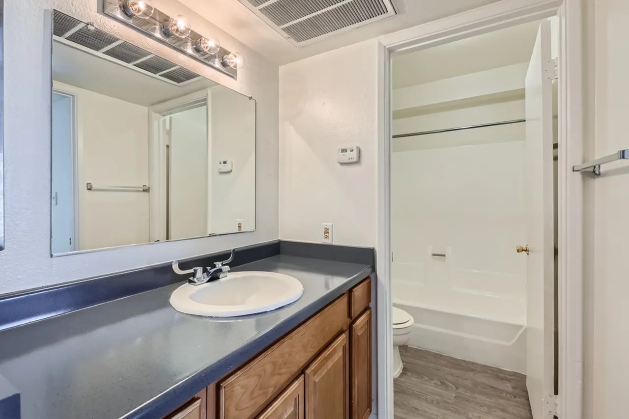 Primary bathroom, wood cabinetry, dark countertops, round sink, large mirror