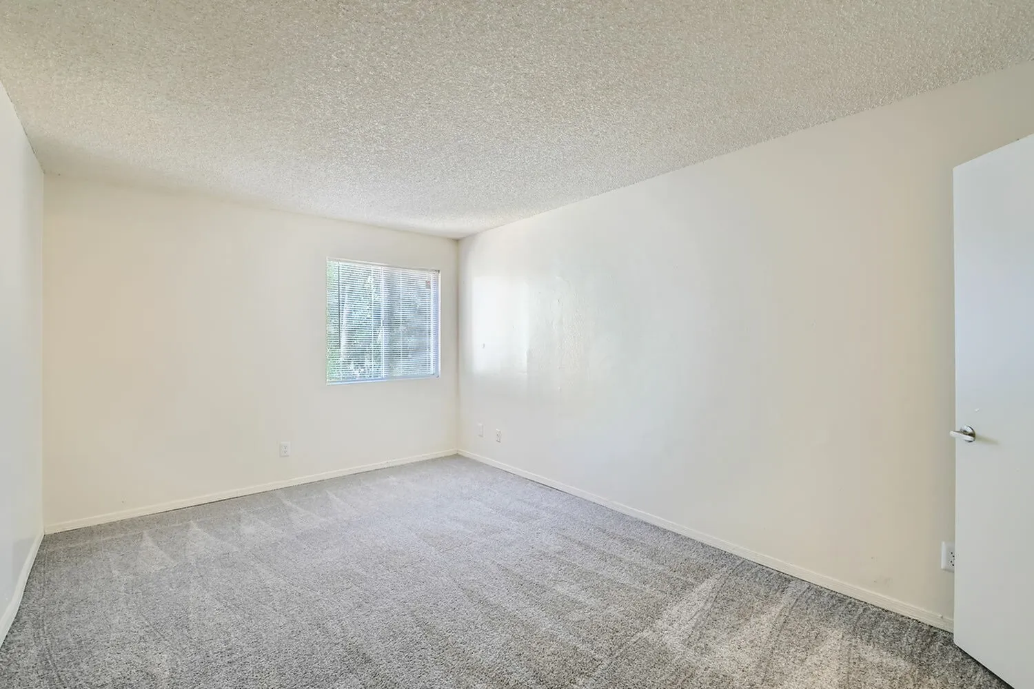 Bedroom, gray carpet flooring, white walls, window with blinds, white door