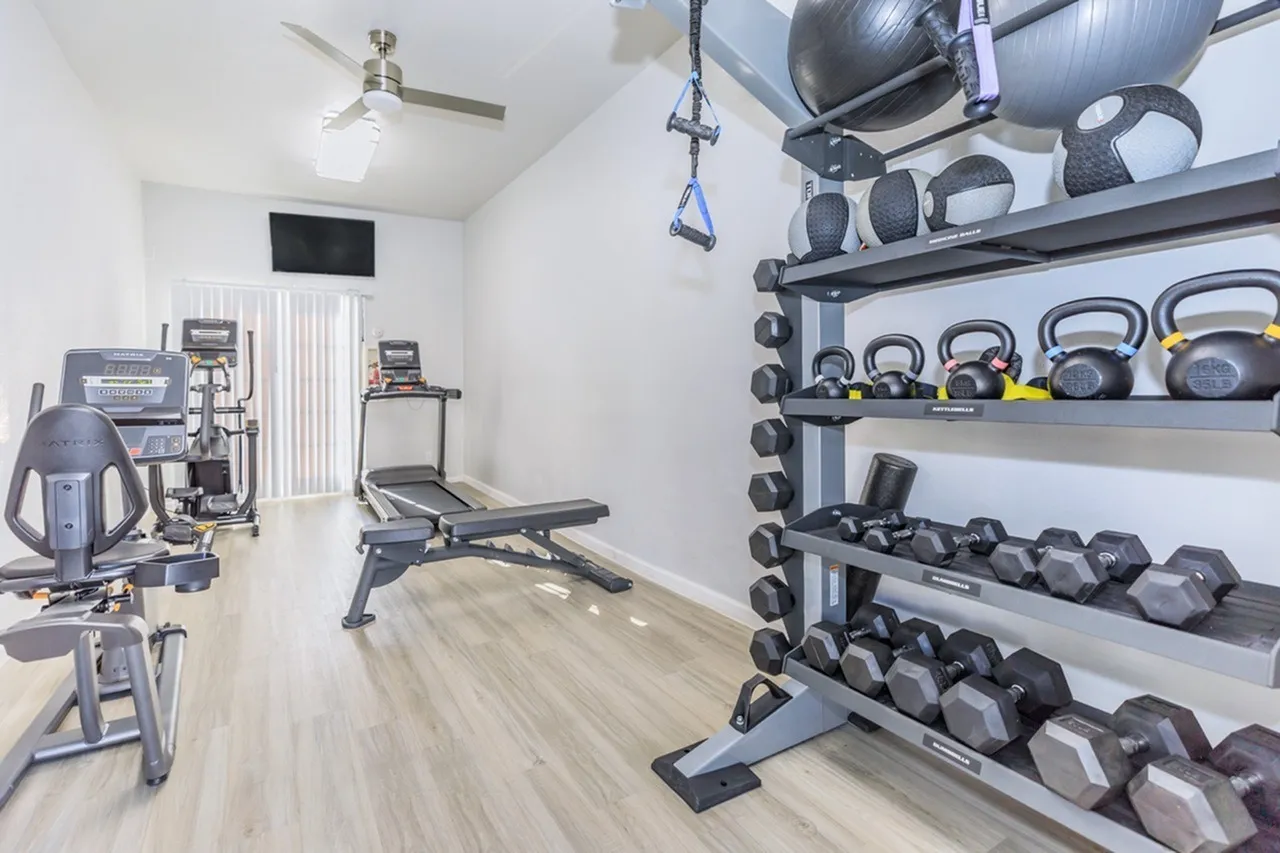 Fitness center, exercise equipment, dumbbell racks, kettlebells, wood-style plank flooring