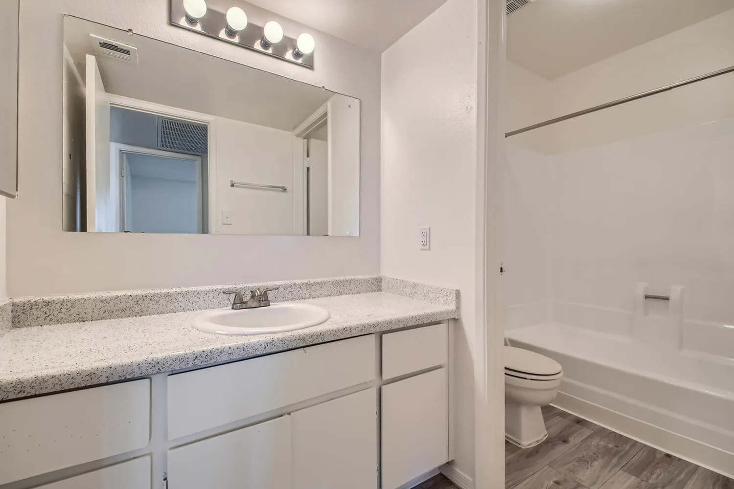 Bathroom, white vanity cabinetry, granite countertops, large mirror with lighting, wood-style plank flooring