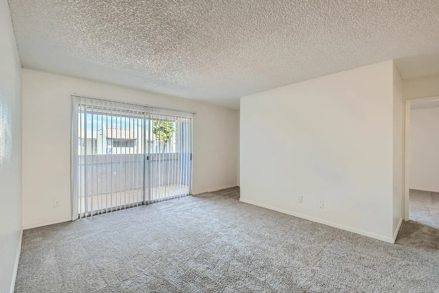 Living room, gray carpet flooring, sliding glass door, textured ceiling