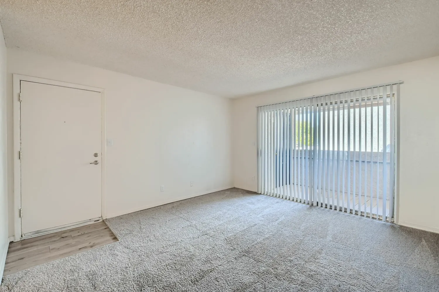 Living room, gray carpet flooring, white entry door, vertical blinds, sliding glass door