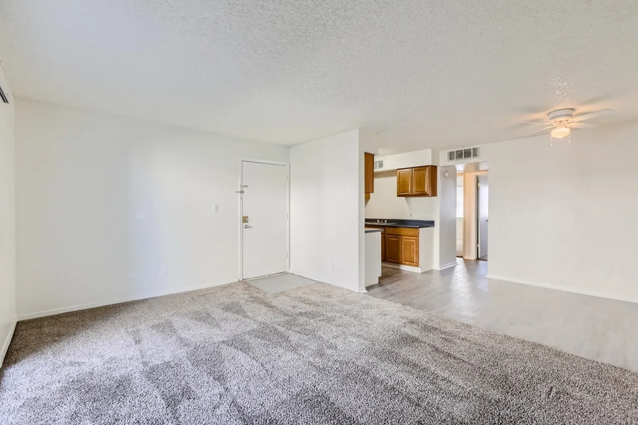 Living room, gray carpeting, white walls, open concept kitchen with wood cabinetry
