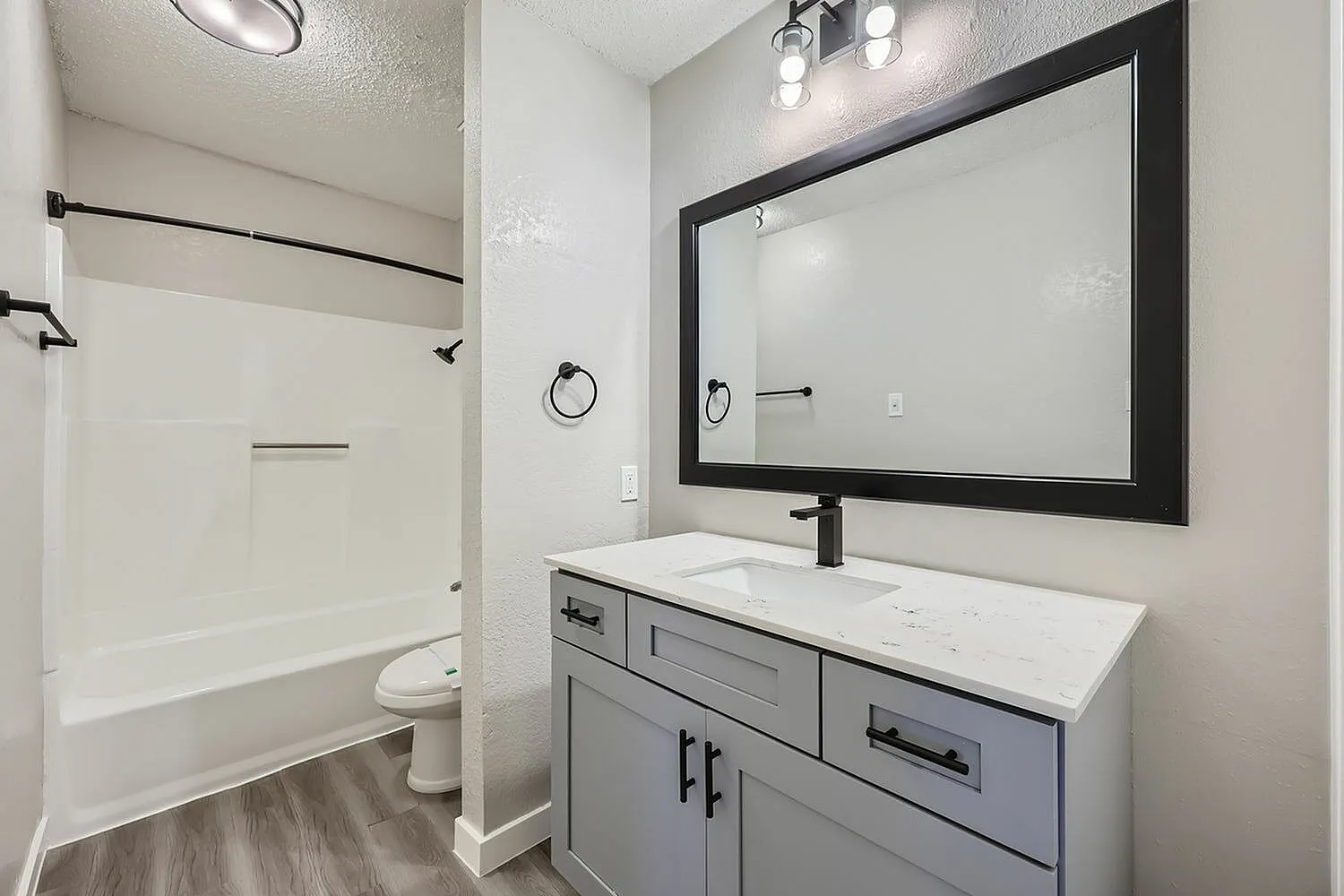 Bathroom, gray cabinetry, white quartz countertop, black-framed mirror, wood-style plank flooring