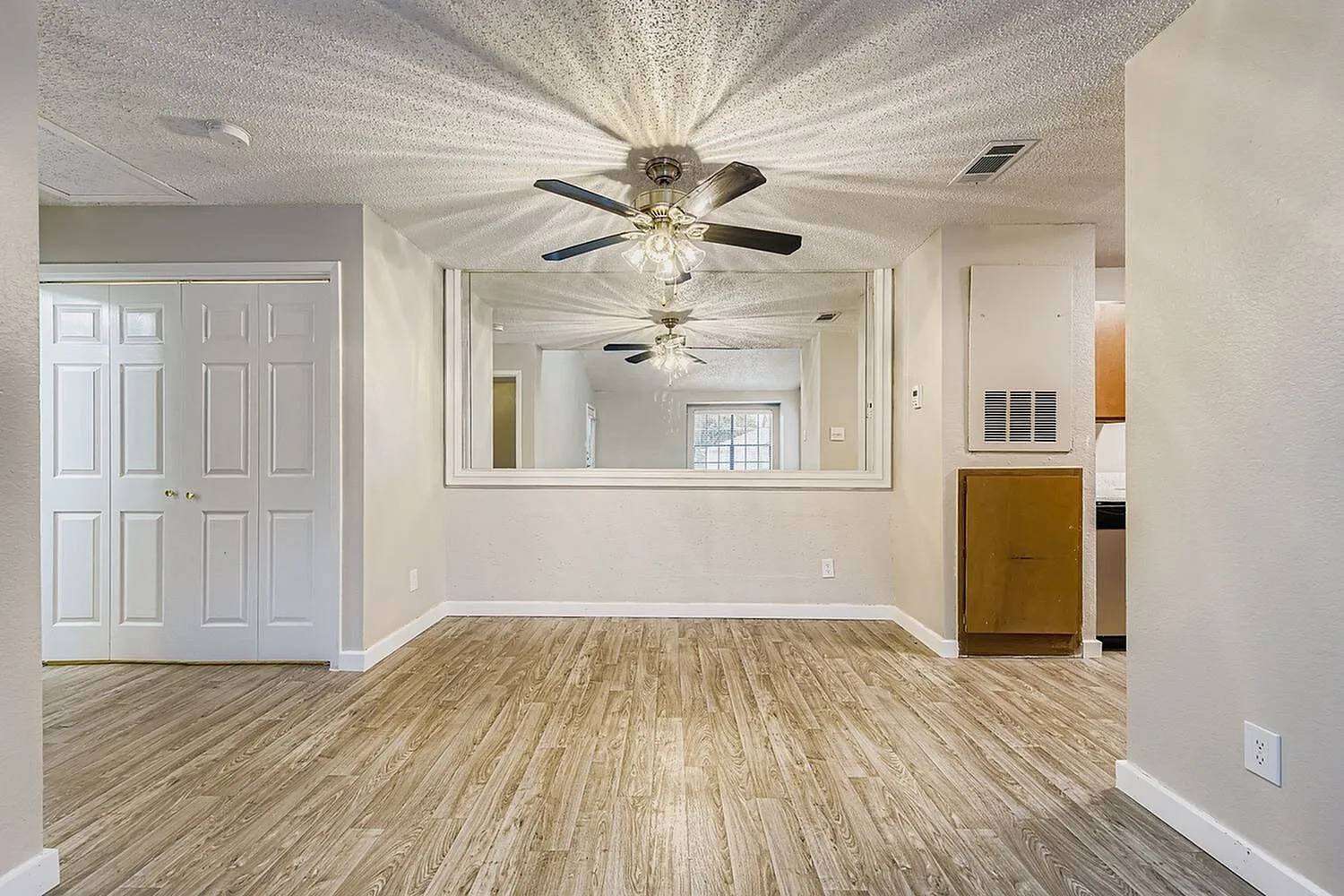 Living room, wood-style plank flooring, ceiling fan with light fixture, large wall mirror, entry door